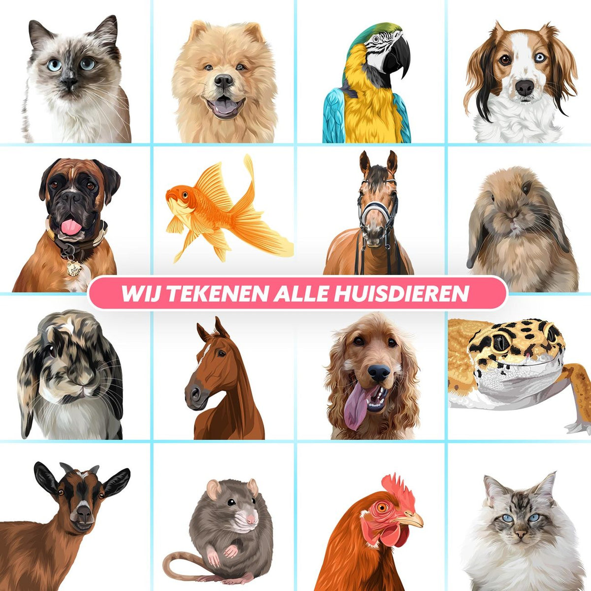Raster met getekende portretten van een kat, chowchow, papegaai, hond, boxer, goudvis, paard, konijn, gekko, geit, rat en kip