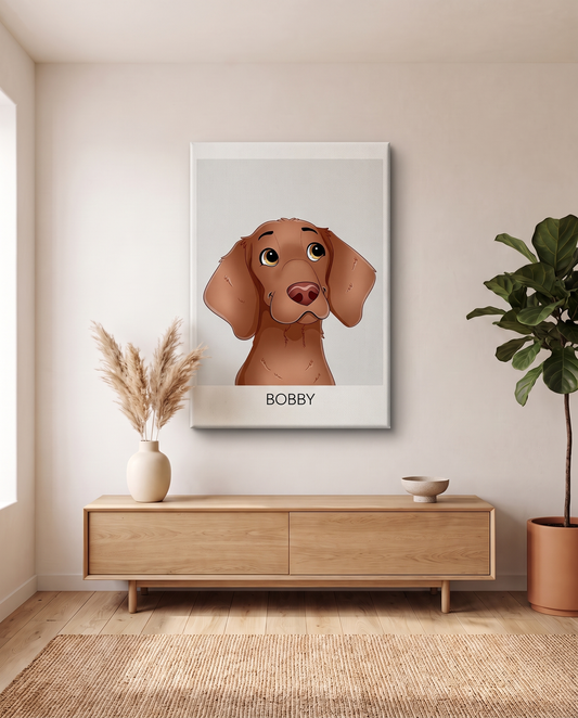 Cartoon portret op canvas boven een eikenhouten dressoir