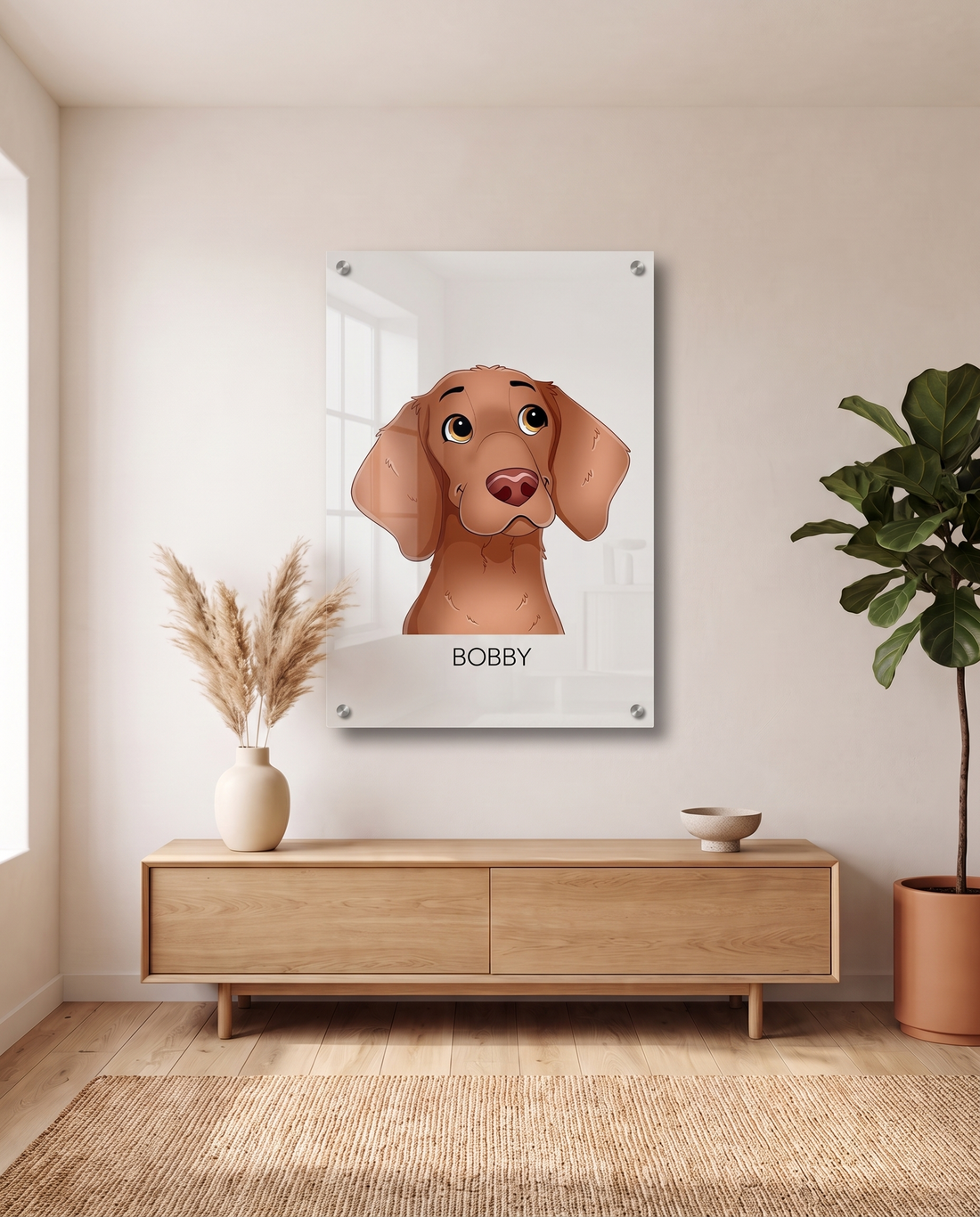 Cartoon portret op plexiglas boven een eikenhouten dressoir