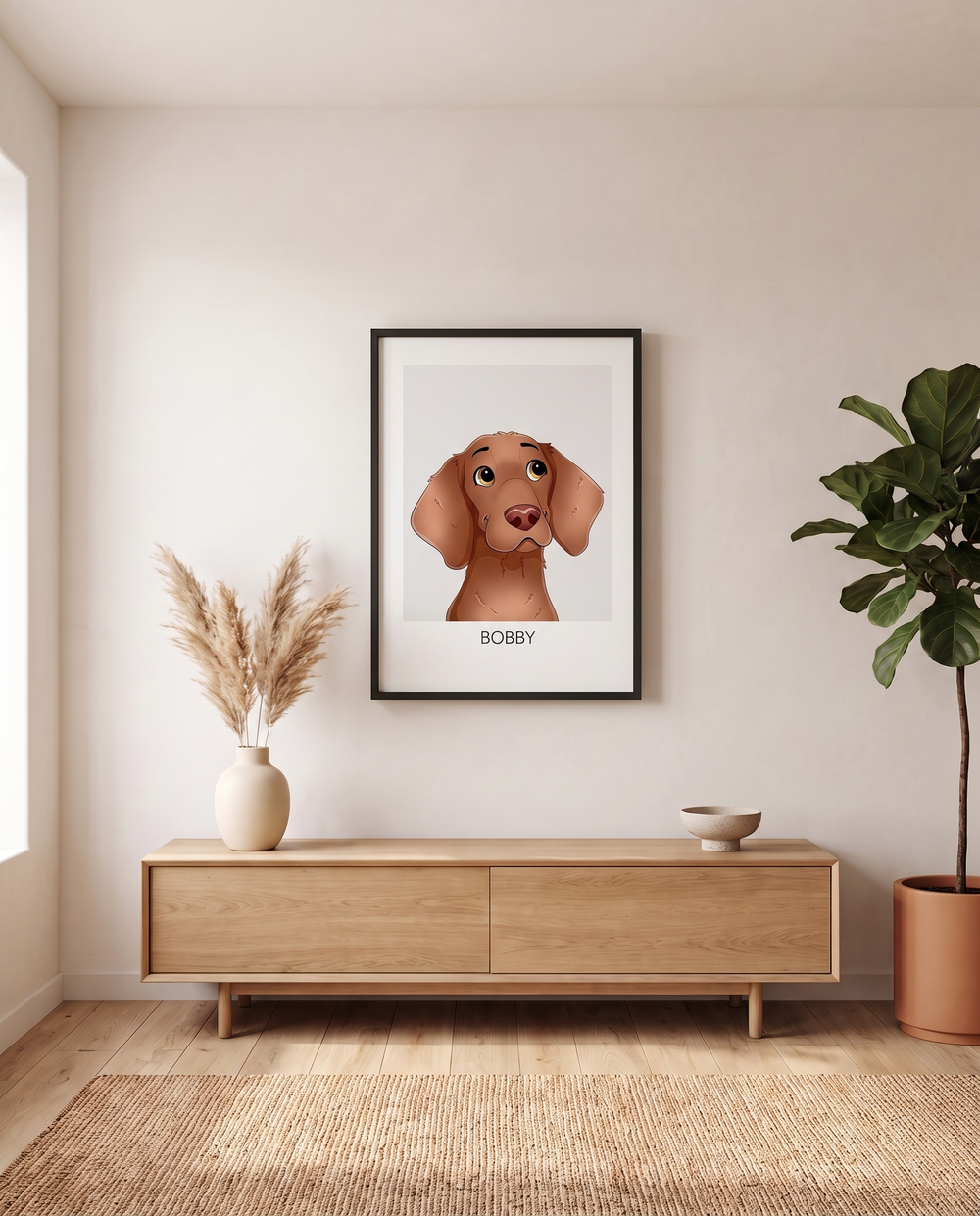 Cartoon portret op poster boven een eikenhouten dressoir