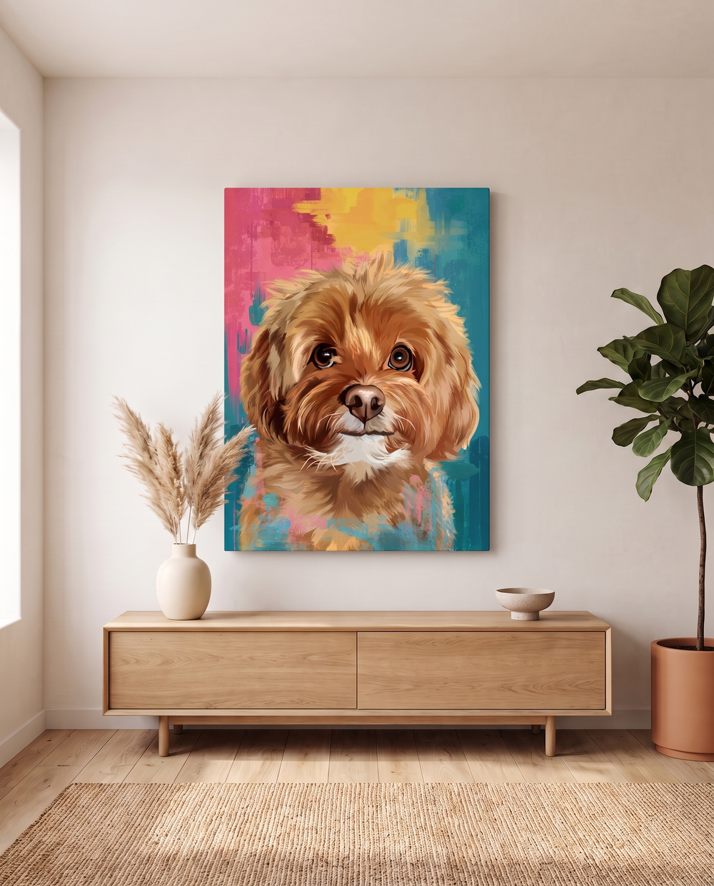 Popart portret op canvas boven een eikenhouten dressoir