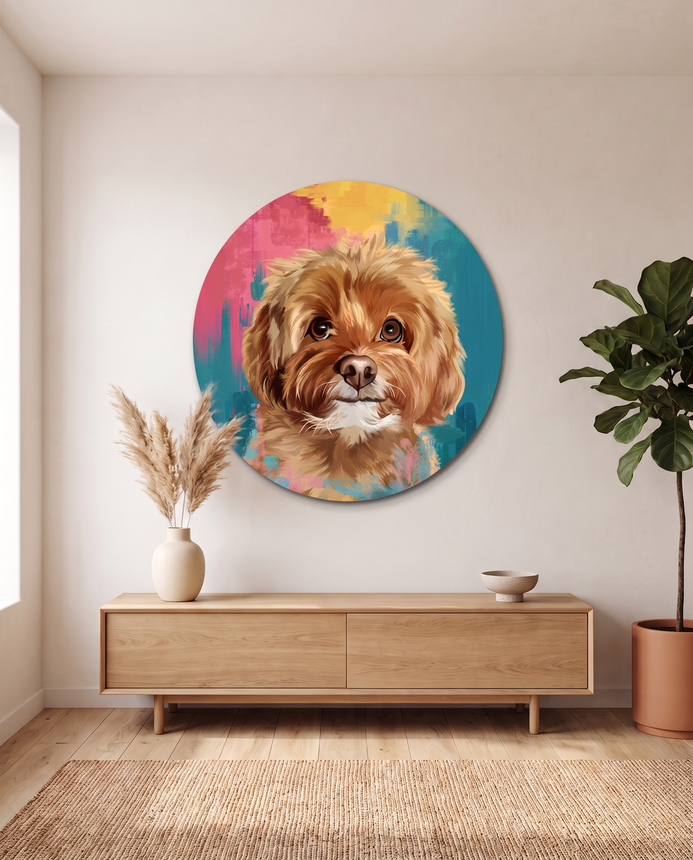 Popart portret op muurcirkel boven een eikenhouten dressoir