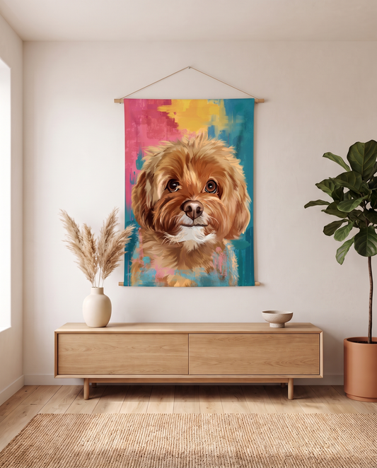 Popart portret op wandkleed boven een eikenhouten dressoir