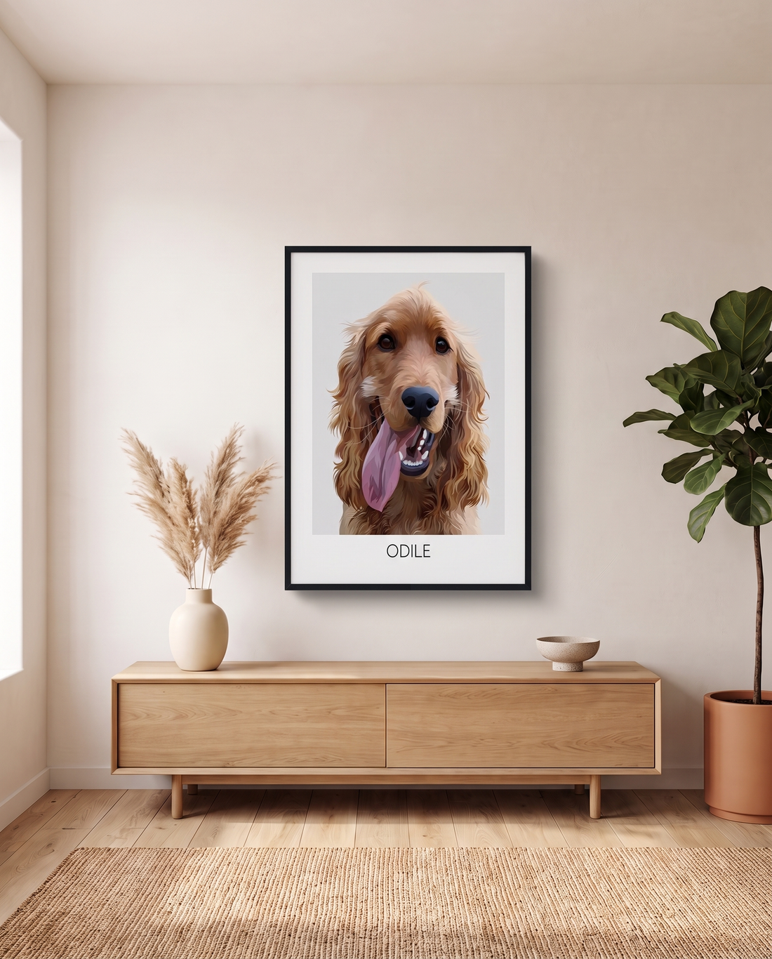 Realistisch portret op poster boven een eikenhouten dressoir