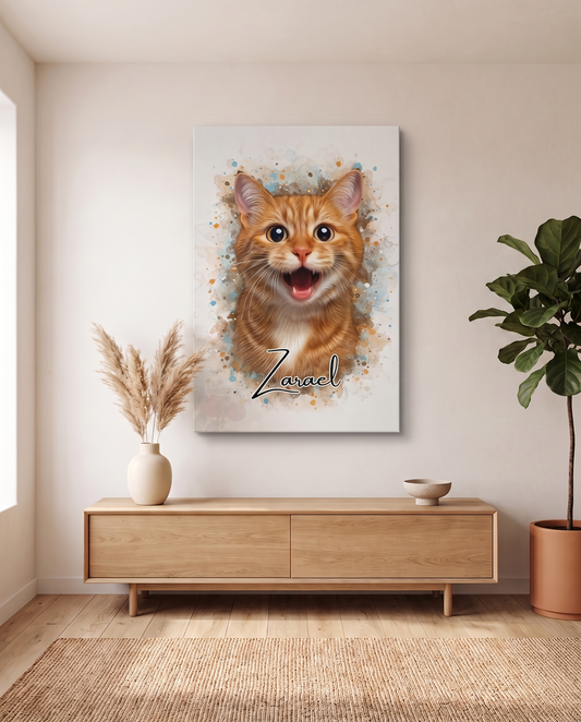 Waterverf portret op canvas boven een eikenhouten dressoir