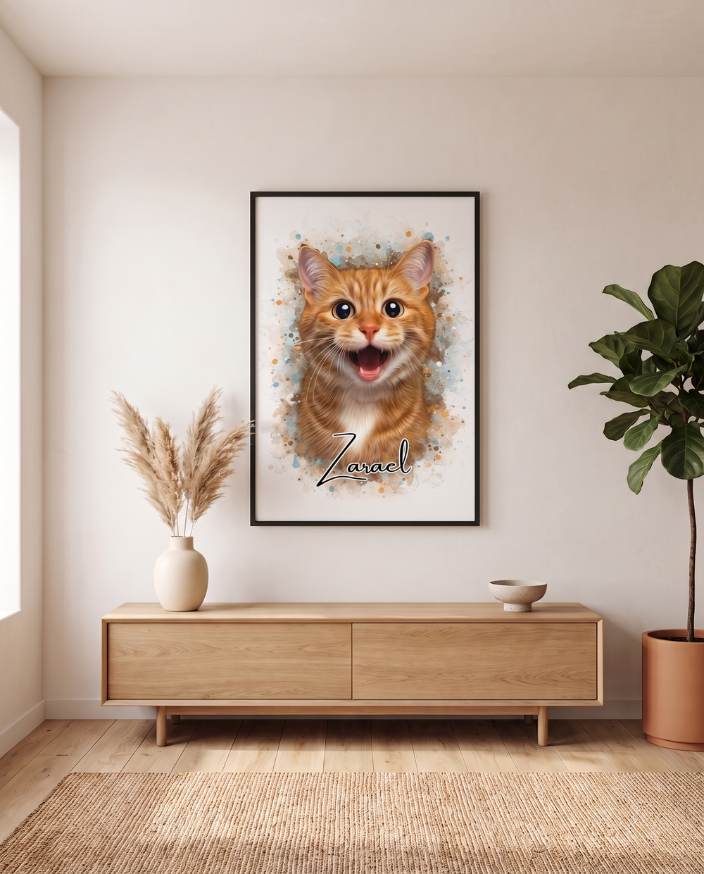 Waterverf portret op poster boven een eikenhouten dressoir